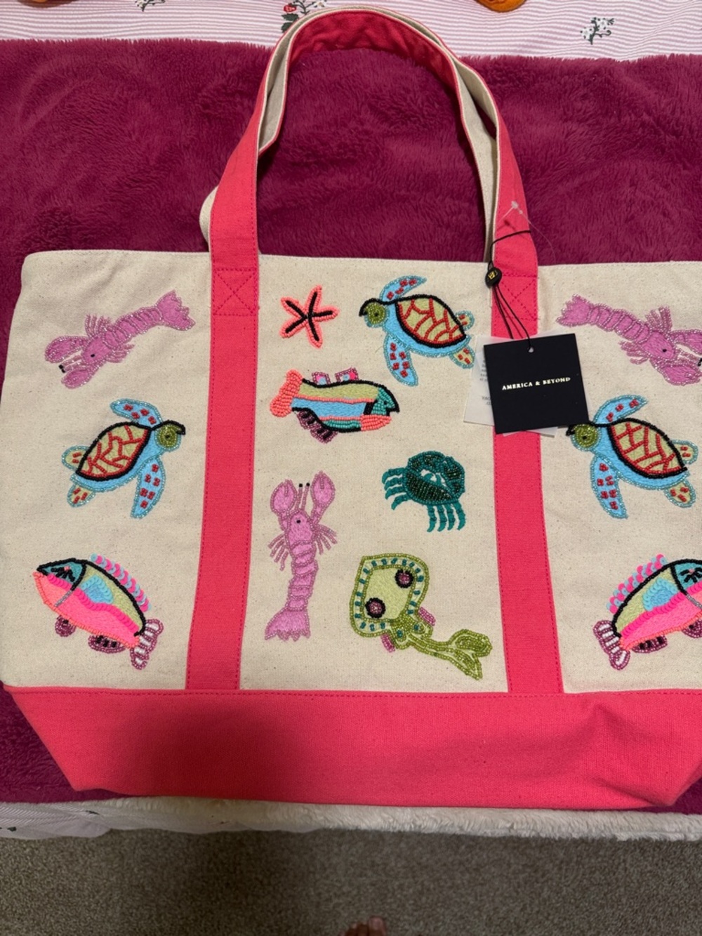America & Beyond Pink-Trim Embroidered Sea Life Canvas Tote